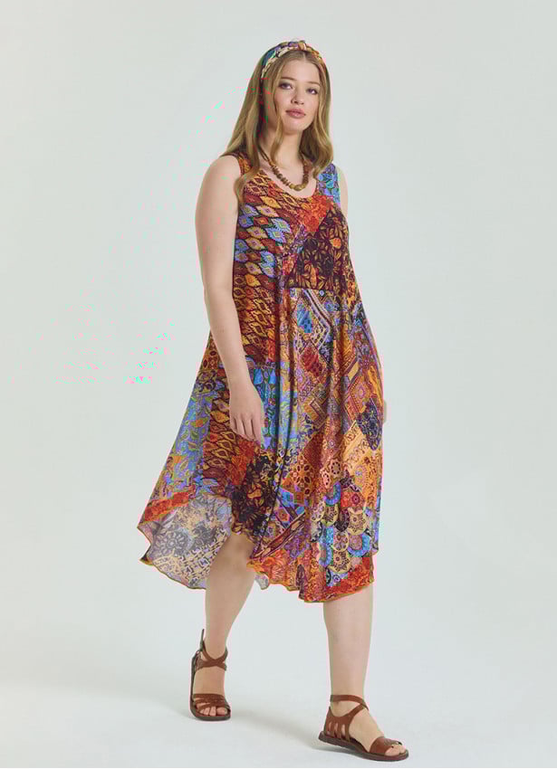 Boat Neck Loose Cut Orange Plus Size Dress 4668